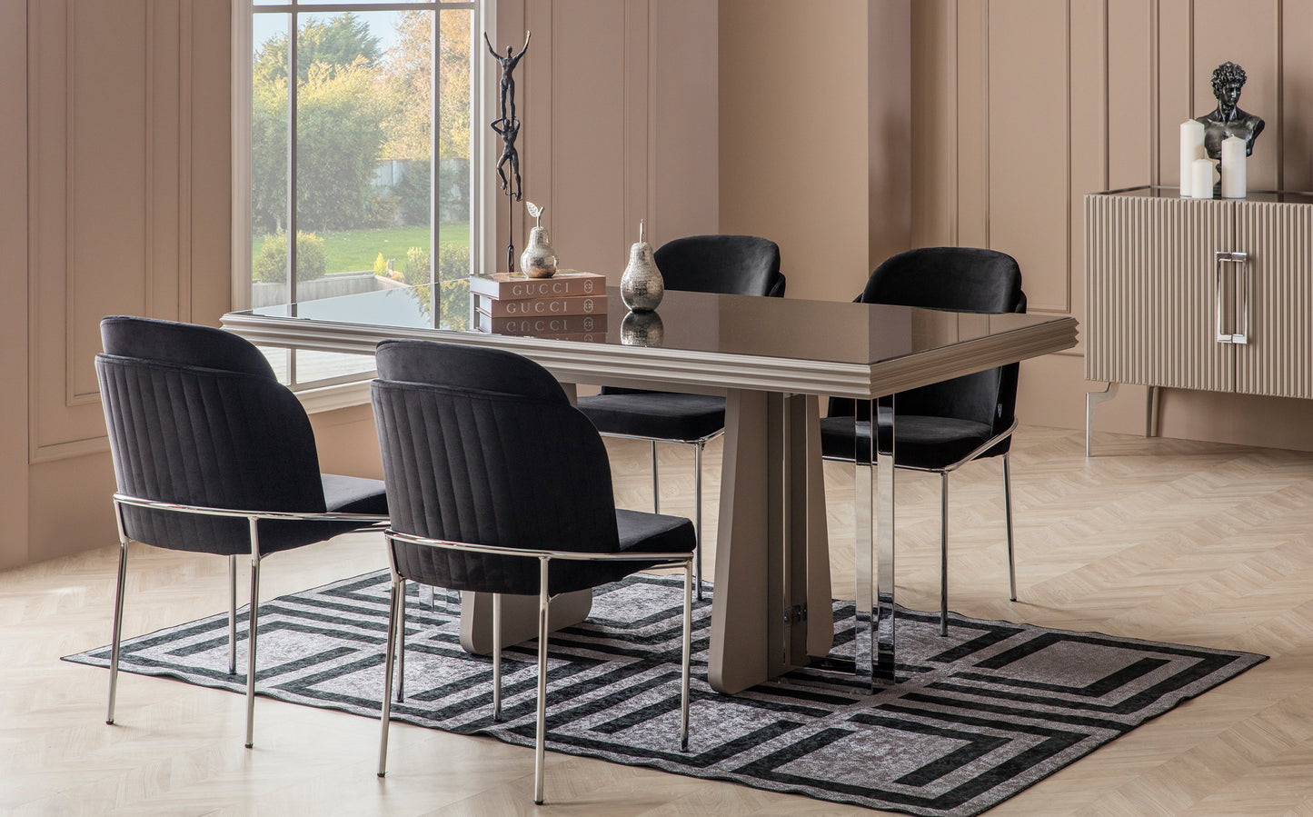 ZIRKON - ( 6 Chairs + Table + Buffet Cabinet + Mirror)