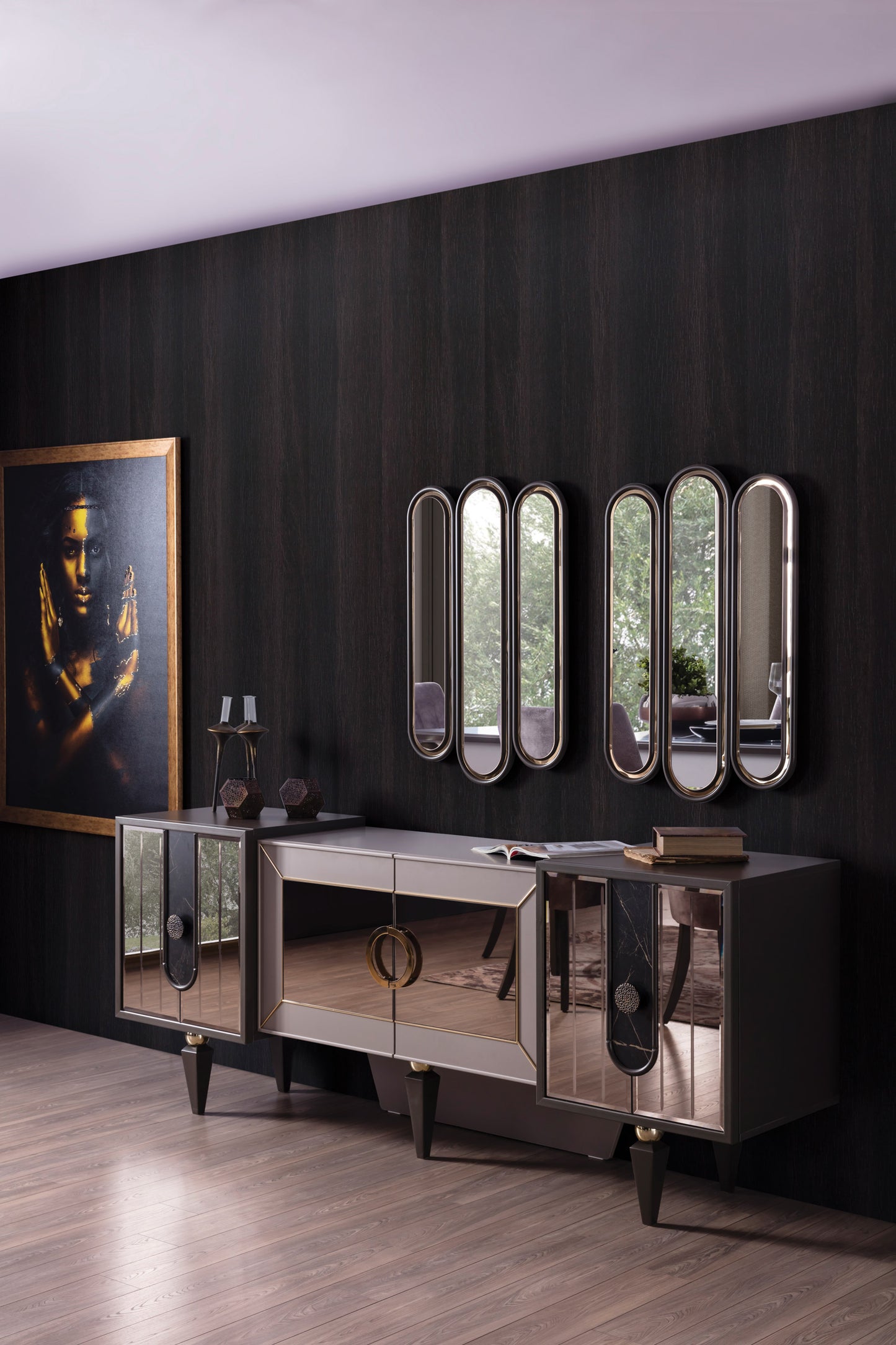 LIZBON - ( 6 Chairs + Table + Buffet Cabinet + Mirror)