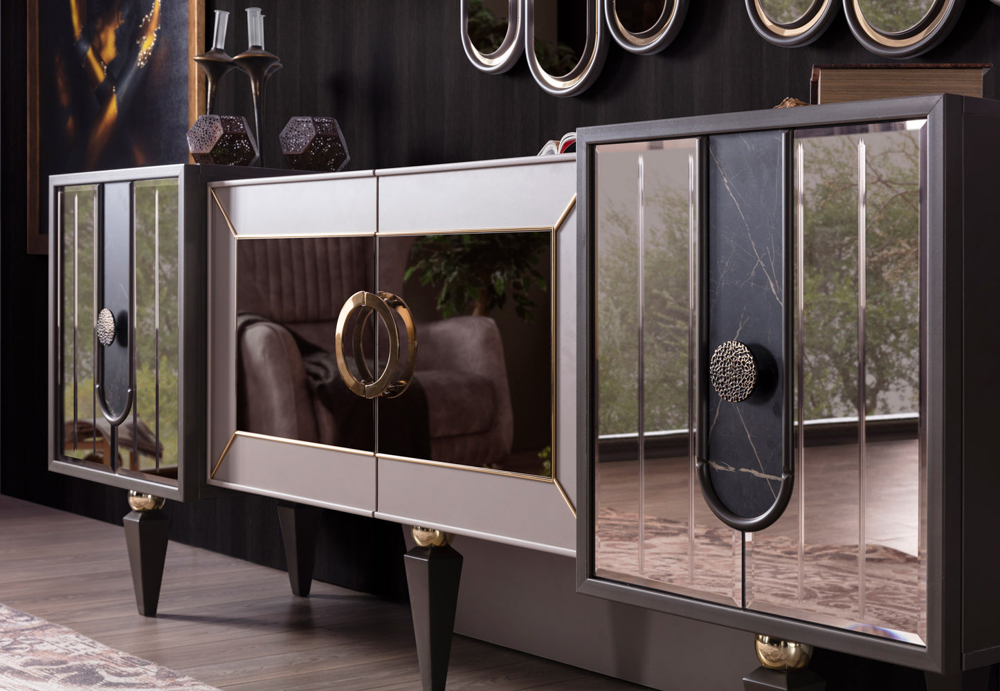 LIZBON - ( 6 Chairs + Table + Buffet Cabinet + Mirror)
