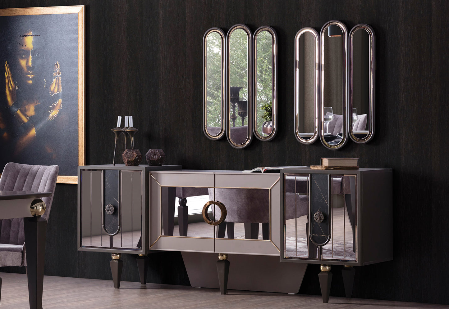 LIZBON - ( 6 Chairs + Table + Buffet Cabinet + Mirror)
